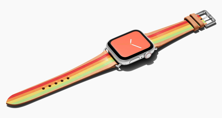 Strap for the Apple Watch handmade of natural vegetable tanned leather with four hand-painted stripes in red, orange, yellow, light lime green in women's length which measures: 105mm and 65mm. Hardware offered in gold, black, or silver in the small and large size. Price $400 plus shipping. Please reach out with any questions. 