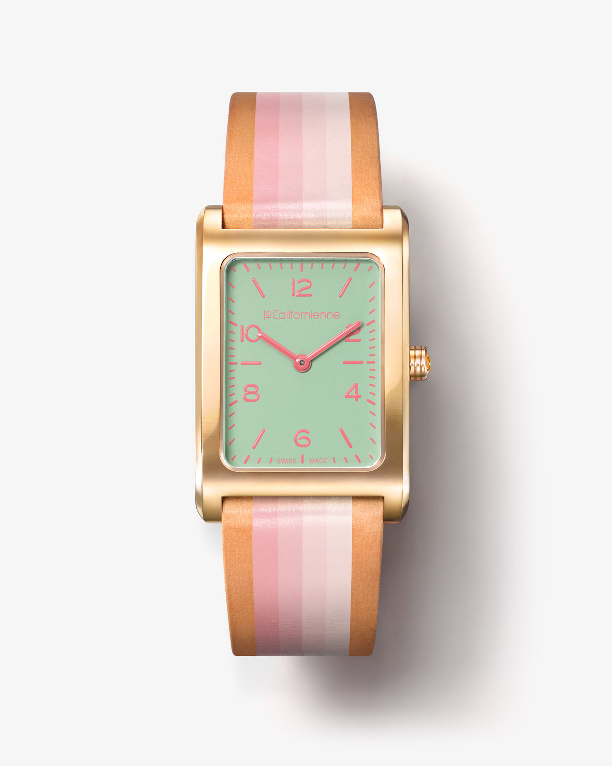 Yellow gold plated steel case Matte Seafoam green dial with glossy rose pink print  Glossy rose pink colored baton-shaped hands Sapphire crystal 18mm lug to lug width 16mm buckle 36mm x 24mm case dimension 5mm thickness Crown set with a genuine citrine gemstone ETA quartz movement, Swiss Made Water resistant to 3 bar (approx. 30m/100ft) hour, minute functions Hand-painted and handmade natural vegetable tanned leather strap (interchangeable) Watch is Swiss made Strap is made in the USA