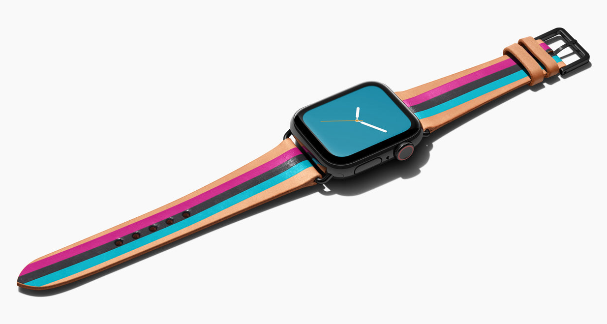 Strap for the Apple Watch handmade of natural vegetable tanned leather with three hand-painted stripes in magenta, black, aqua in women's length which measures: 105mm and 65mm. Hardware offered in gold, black, or silver in the small and large size. Price $400 plus shipping. Please reach out with any questions. 