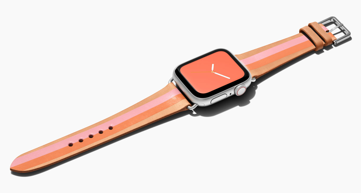 Strap for the Apple Watch handmade of natural vegetable tanned leather with a hand-painted PINK and ORANGE stripes in women's length which measure: 105mm and 65mm. Hardware offered in gold, black, or silver in the small and large size. Price $400 plus shipping. Please reach out with any questions. 