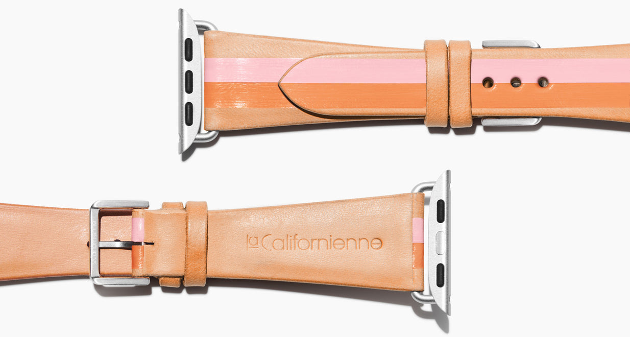 Strap for the Apple Watch handmade of natural vegetable tanned leather with a hand-painted PINK and ORANGE stripes in women's length which measure: 105mm and 65mm. Hardware offered in gold, black, or silver in the small and large size. Price $400 plus shipping. Please reach out with any questions. 