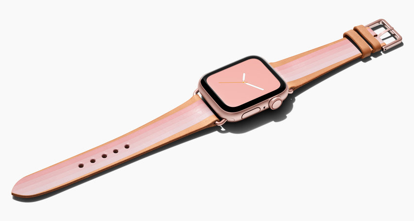 Strap for the Apple Watch handmade of natural vegetable tanned leather with a hand-painted PINK Ombré stripes (four stripes of dark petal pink to a light pink) in women's length which measure: 105mm and 65mm. Hardware offered in gold, black, or silver in the small and large size. Price $400 plus shipping. Please reach out with any questions. 