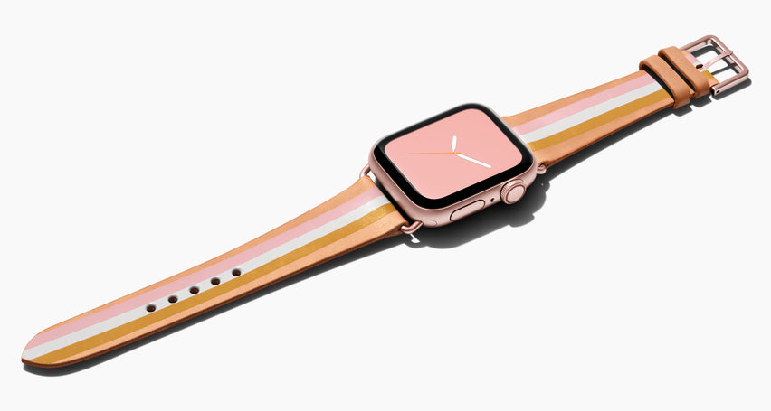 Strap for the Apple Watch handmade of natural vegetable tanned leather with a hand-painted with PINK, white and mustard stripes in women's length which measure: 105mm and 65mm. Hardware offered in gold, black, or silver in the small and large size. Price $400 plus shipping. Please reach out with any questions. 