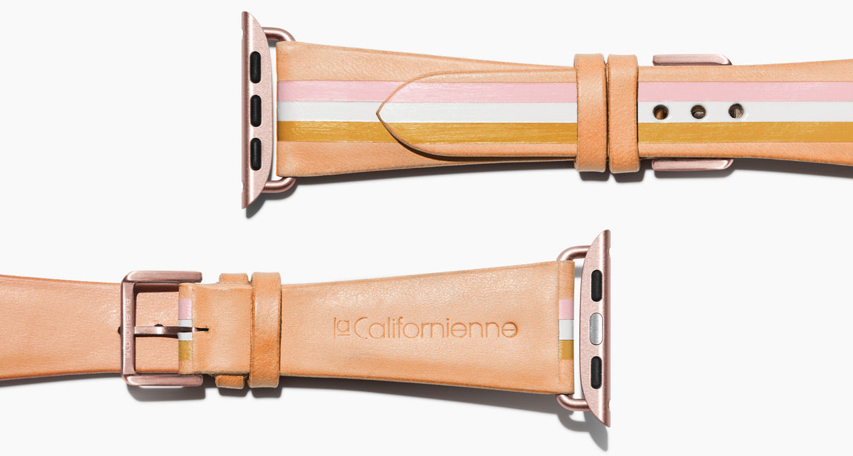 Strap for the Apple Watch handmade of natural vegetable tanned leather with a hand-painted with PINK, white and mustard stripes in women's length which measure: 105mm and 65mm. Hardware offered in gold, black, or silver in the small and large size. Price $400 plus shipping. Please reach out with any questions. 