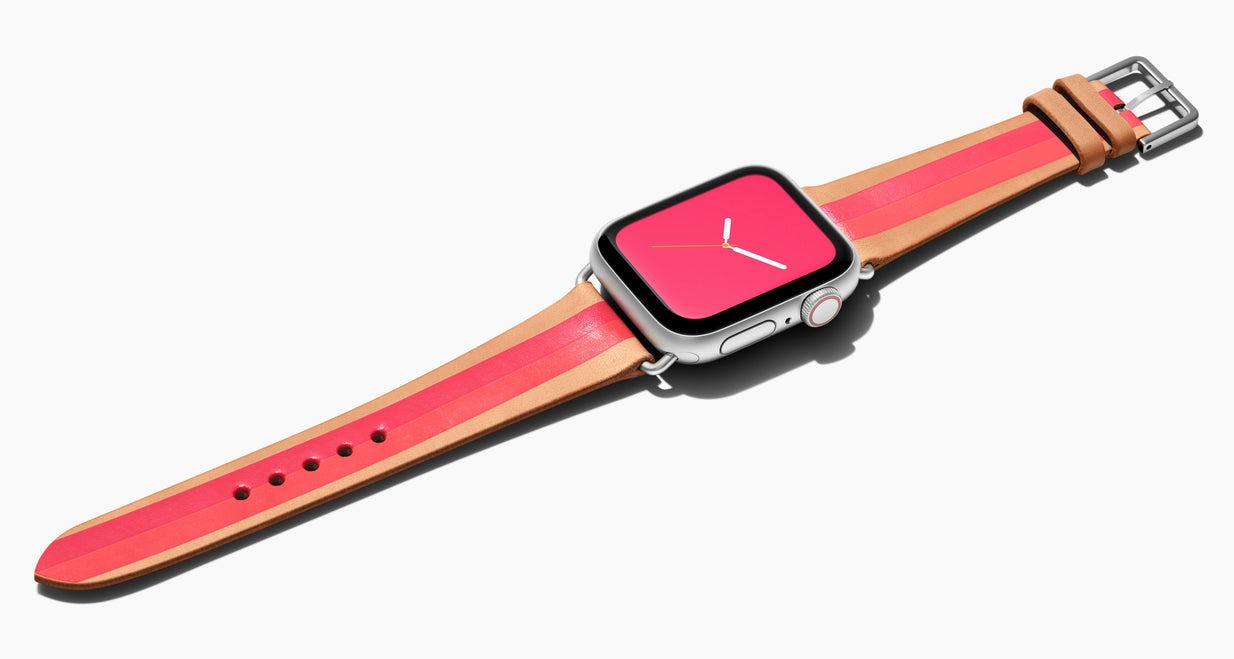 Strap for the Apple Watch handmade of natural vegetable tanned leather with a hand-painted  Bright reddish pink and bright pinky coral stripes in women's length which measure: 105mm and 65mm. Hardware offered in gold, black, or silver in the small and large size. Price $400 plus shipping. Please reach out with any questions. 