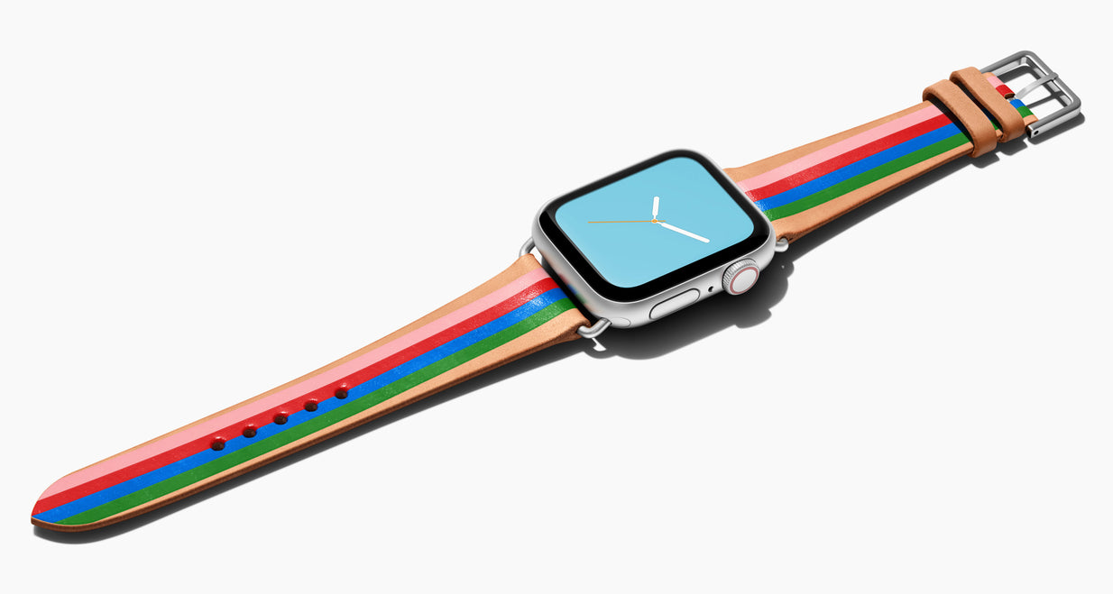 Strap for the Apple Watch handmade of natural vegetable tanned leather with four hand-painted stripes in pink, red, blue, kelly green in women's length which measures: 105mm and 65mm. Hardware offered in gold, black, or silver in the small and large size. Price $400 plus shipping. Please reach out with any questions. 