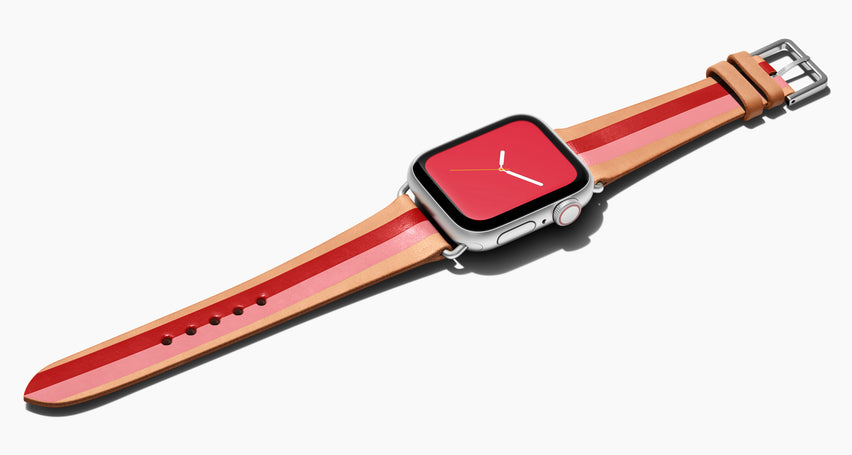  Strap for the Apple Watch handmade of natural vegetable tanned leather with two hand-painted stripes in red and pink  in women's length which measures: 105mm and 65mm. Hardware offered in gold, black, or silver in the small and large size. Price $400 plus shipping. Please reach out with any questions. 