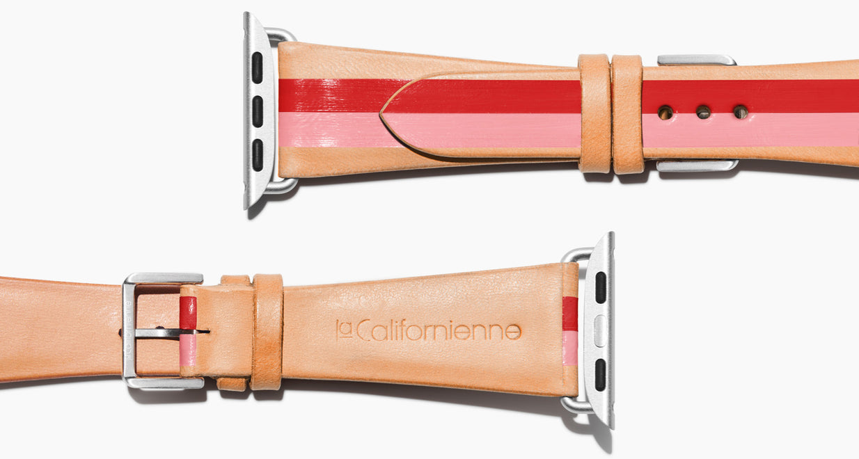  Strap for the Apple Watch handmade of natural vegetable tanned leather with two hand-painted stripes in red and pink  in women's length which measures: 105mm and 65mm. Hardware offered in gold, black, or silver in the small and large size. Price $400 plus shipping. Please reach out with any questions. 