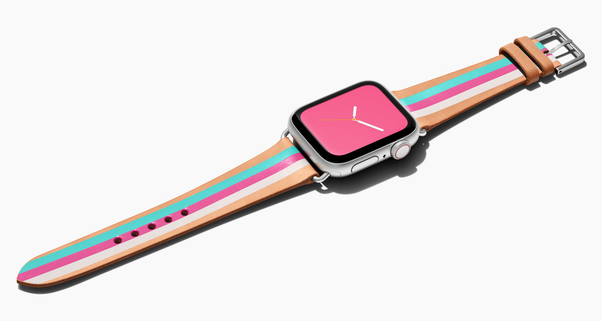 Strap for the Apple Watch handmade of natural vegetable tanned leather with three hand-painted stripes in aqua, hot pink, and white in women's length which measures: 105mm and 65mm. Hardware offered in gold, black, or silver in the small and large size. Price $400 plus shipping. Please reach out with any questions. 