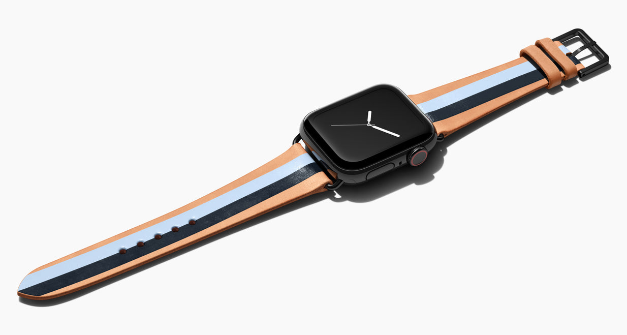 Strap for the Apple Watch handmade of natural vegetable tanned leather with two hand-painted stripes in black and white in men's length which measures: 105mm / 75mm.  Hardware offered in gold, black, or silver in the small and large size. Price $400 plus shipping. Please reach out with any questions. 