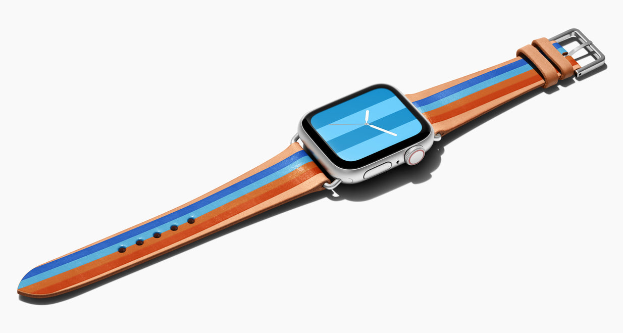 Strap for the Apple Watch handmade of natural vegetable tanned leather with four hand-painted stripes in bright blue, light blue, caramel, and orange  in men's length which measures: 105mm and 75mm. Hardware offered in gold, black, or silver in the small and large size. Price $400 plus shipping. Please reach out with any questions. 