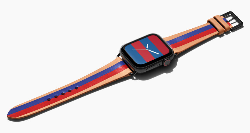Strap for the Apple Watch handmade of natural vegetable tanned leather with two hand-painted stripes in blue and red in men's length which measures: 105mm / 75mm.  Hardware offered in gold, black, or silver in the small and large size. Price $400 plus shipping. Please reach out with any questions. 