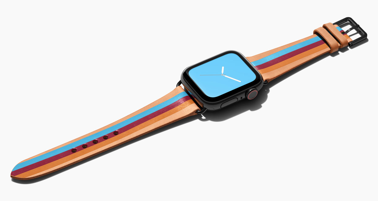 Strap for the Apple Watch handmade of natural vegetable tanned leather with three hand-painted stripes in light blue, burgundy, mustard caramel in men's length which measures: 105mm / 75mm. Hardware offered in gold, black, or silver in the small and large size. Price $400 plus shipping. Please reach out with any questions. 